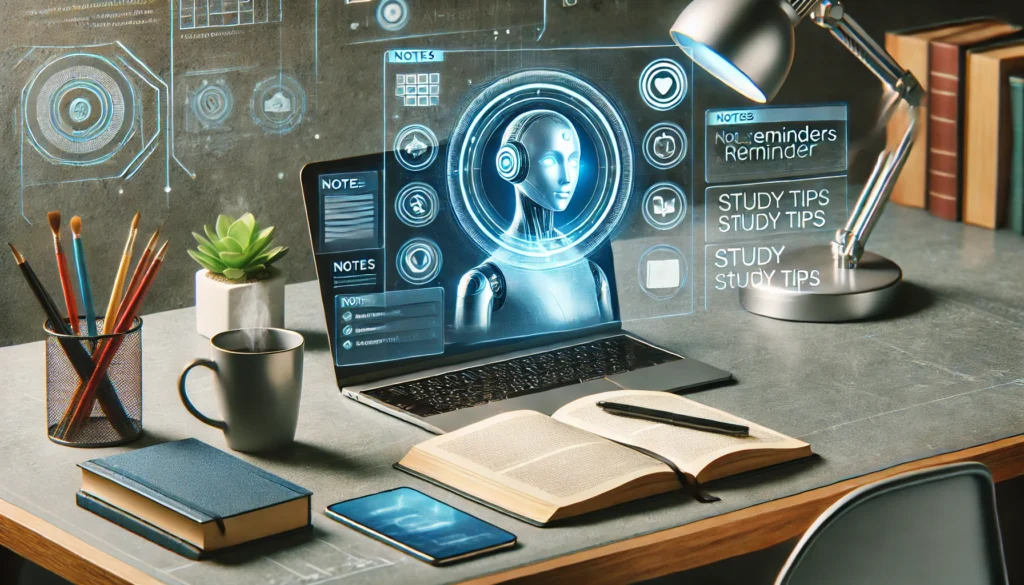 A futuristic study desk with an AI-powered personal assistant displayed as a hologram above a laptop. The assistant has a sleek, glowing interface showing notes, reminders, and study tips. The desk is equipped with books, a tablet, and a coffee mug. The background has a tech-inspired theme with subtle digital elements.