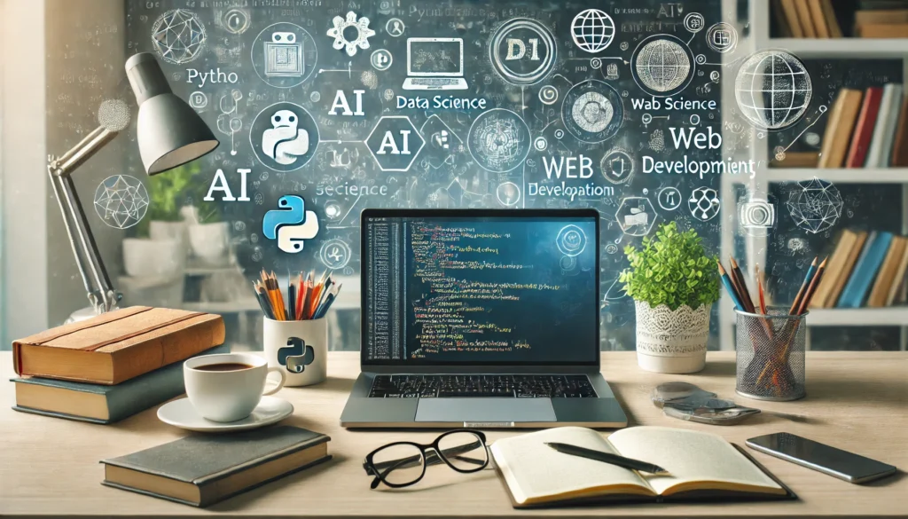 A modern workspace with a laptop displaying Python code on the screen, surrounded by project-related icons like AI, data science, web development, and automation. A college student’s desk with books, coffee, and a notebook. The background has a tech-inspired theme with subtle coding elements.