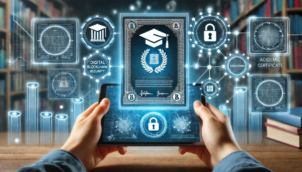 A futuristic digital interface displaying a Blockchain-Based Academic Credential Verification System. A holographic screen shows a verified diploma with blockchain security icons like a padlock and interconnected nodes. The background has a high-tech theme with digital ledgers, circuits, and glowing authentication symbols. A student holds a digital certificate on a tablet.