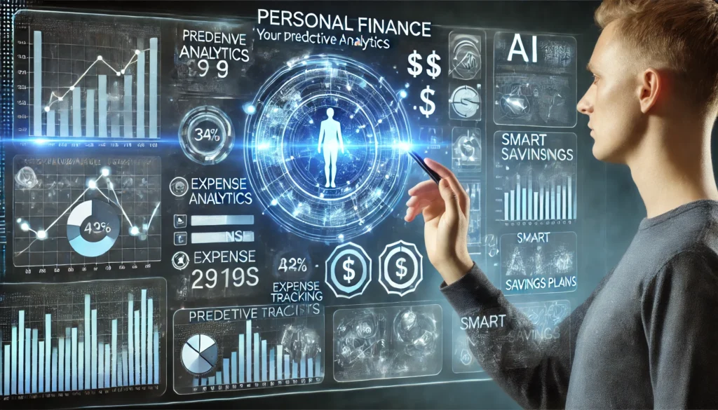 A futuristic personal finance dashboard displayed on a high-tech screen, featuring predictive analytics charts, expense tracking, and AI-driven financial recommendations. A person interacts with a holographic interface, analyzing budget forecasts and smart savings plans. The background has a digital financial theme with glowing graphs, currency symbols, and data flow visuals.