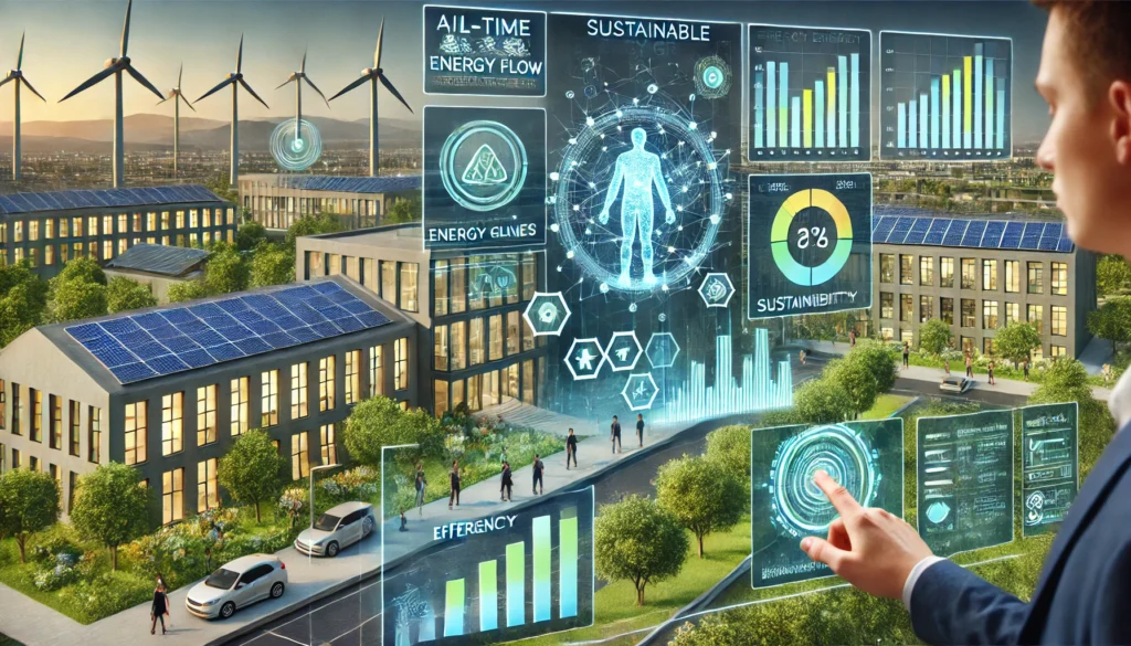A futuristic campus with a Sustainable Smart Grid Simulation. The image features solar panels, wind turbines, and AI-powered energy management systems. A digital dashboard displays real-time energy flow, efficiency analytics, and sustainability metrics. Students interact with holographic controls, optimizing renewable energy distribution. The background includes eco-friendly buildings, green rooftops, and a smart energy network.