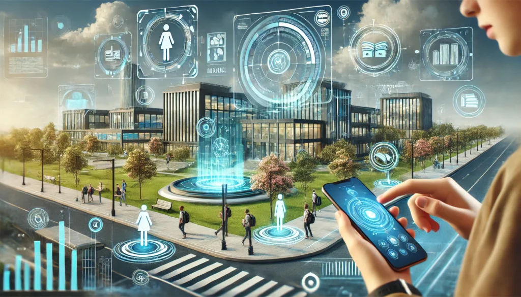 A futuristic university campus with an Augmented Reality (AR) navigation system. Students use AR glasses and smartphones to view interactive campus maps, real-time directions, and building information displayed as holograms. The scene includes digital signposts, floating icons for classrooms, libraries, and cafeterias, and a tech-enhanced environment with smart pathways. The background features a modern campus with high-tech infrastructure.